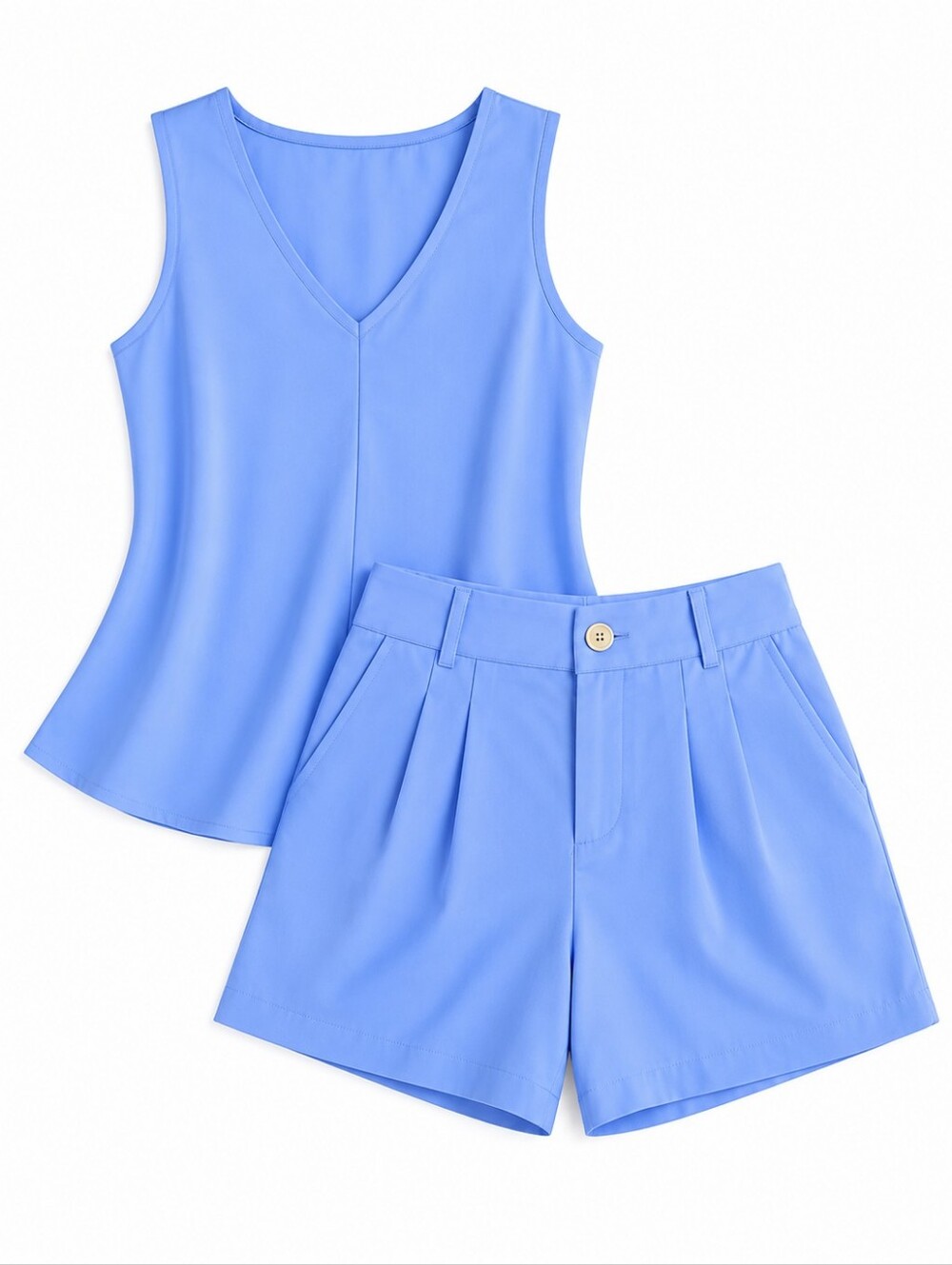 V-Neck Tank and Pleated Shorts Set - Blue